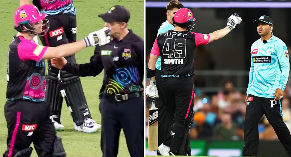 Steve Smith, pictured here airing his complaint to the umpire and Usman Khawaja.