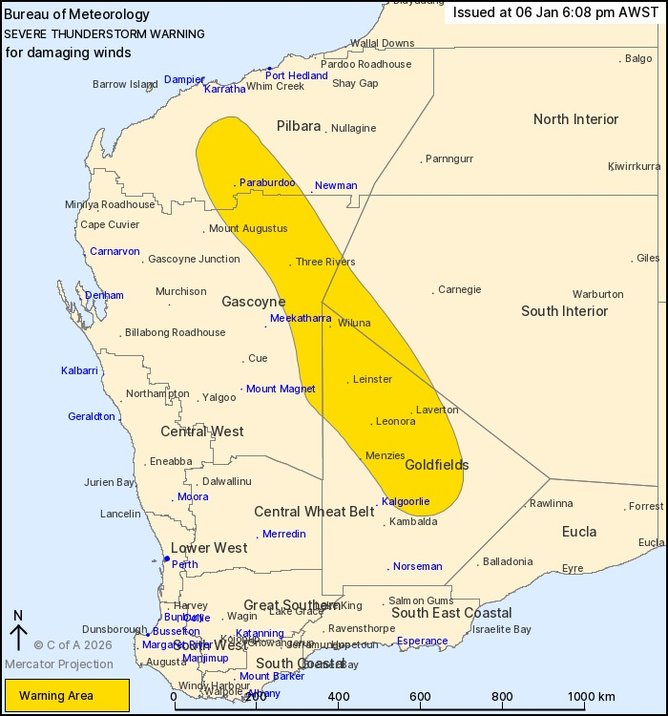 The warning area outlined in dark yellow. Credit: The Bureau of Meteorology