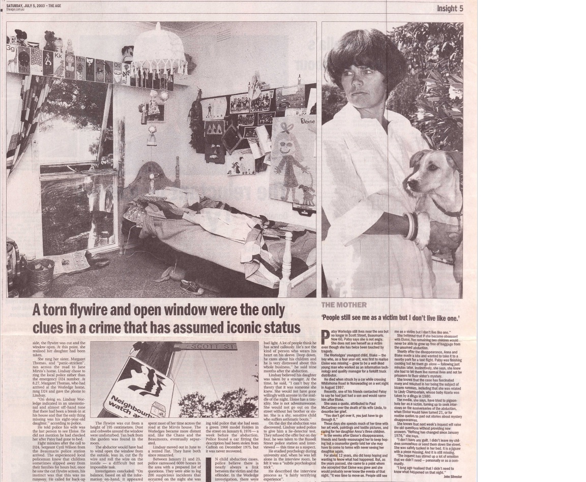 Black and white newspaper clipping of a child's bedroom and a woman with dark hair wearing a white dress and holding a dog.
