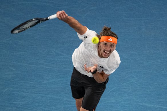 Alexander Zverev serves big in his quarter-final.