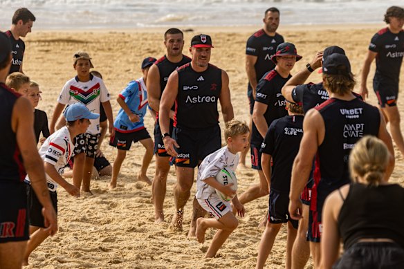 Angus Crichton at a Roosters training session at Bondi beach on Tuesday.
