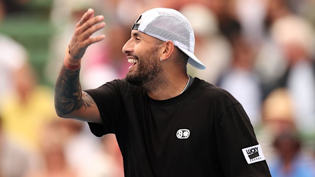 Nick Kyrgios having fun with the crowd at Melbourne's Kooyong Classic.