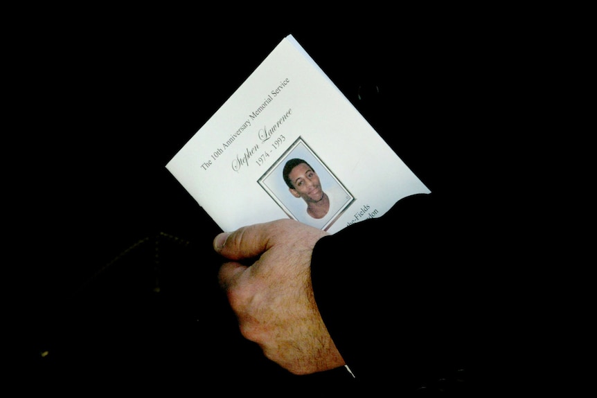 A memorial card for Stephen Lawrence 