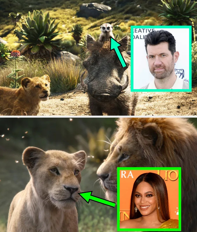 Two scenes from "The Lion King" with inset photos of a man and woman indicating voice actors
