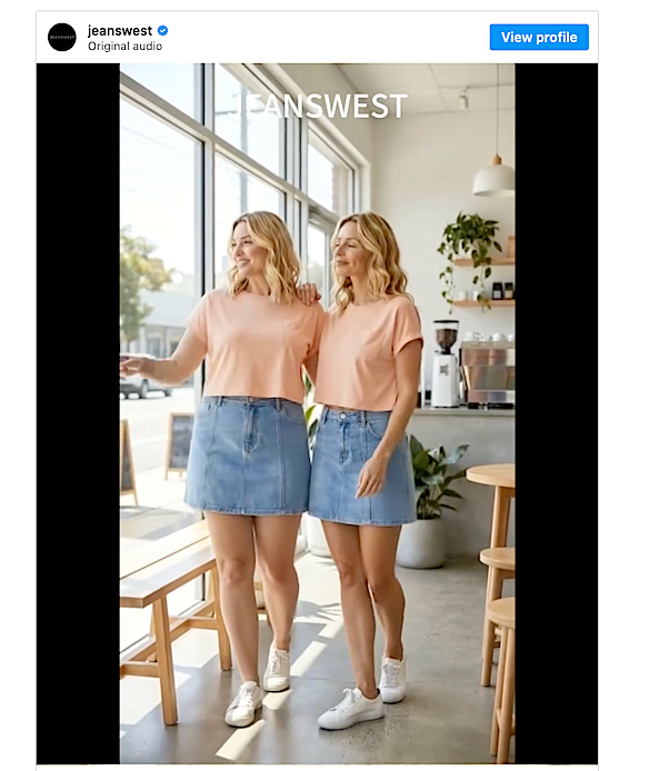 A still from the video posted by Jeanswest, which has attracted criticism online over its use of artificial intelligence.