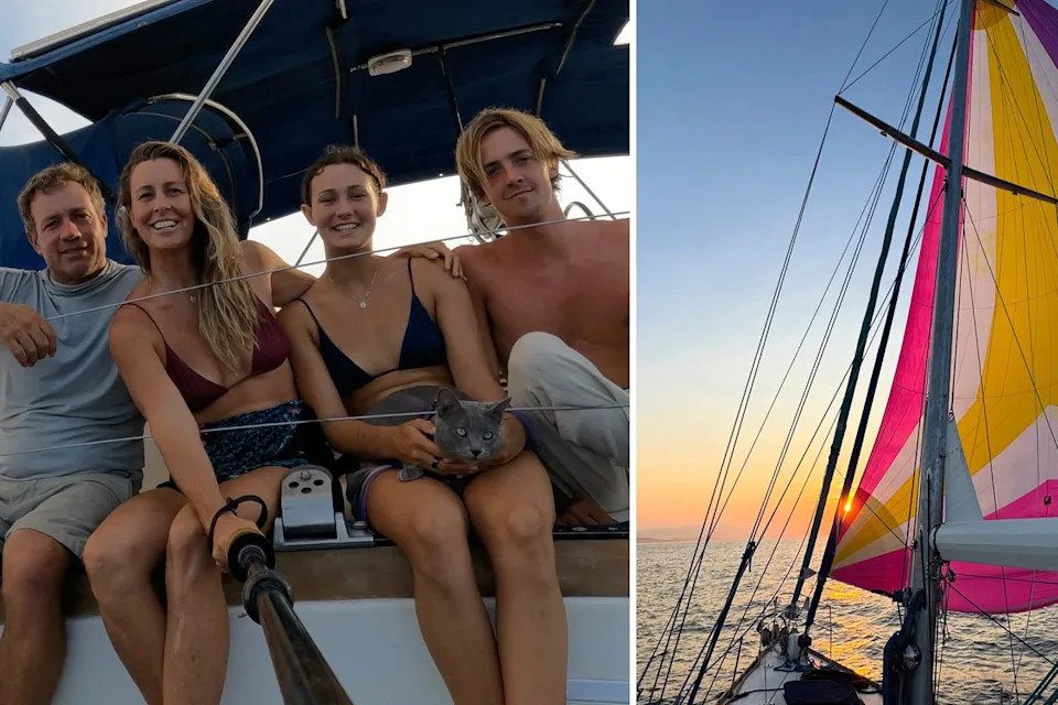 Left: The family aboard Catalpa. Right: The boat sailing towards the sunset.