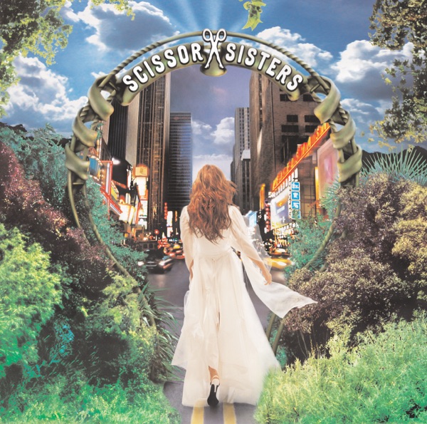 Illustration of redhead in white satin dress walking through portal from lush forest into NYC cityscape.