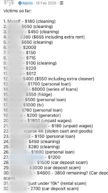 A Facebook post showing a list of names and amounts of money they allege they were scammed.