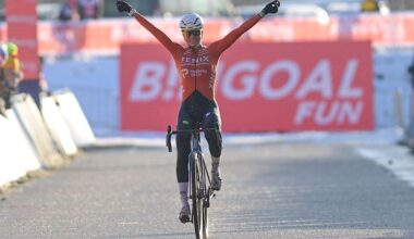 Dutch Ceylin Del Carmen Alvarado celebrates on the finish line as she wins the women's elite race at the World Cup cyclocross cycling event in Zonhoven on Sunday 04 January 2026, stage 9 (out of 12) of the UCI World Cup competition.BELGA PHOTO DAVID PINTENS (Photo by DAVID PINTENS / BELGA MAG / Belga / AFP via Getty Images)