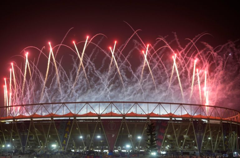Fireworks light up the sky over the Narendra Modi stadium after Australia won against India by 6 wickets during the ICC Men's Cricket World Cup final match in Ahmedabad, India.