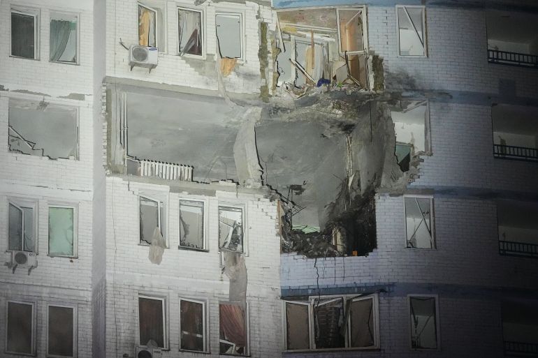 A building is damaged in Ukraine after Russian attack