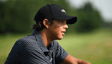 Charlie Woods looks to the right during the Junior PGA Championship in 2025