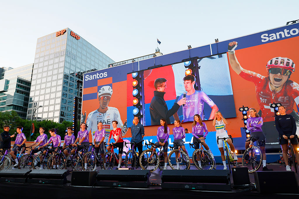 ADELAIDE, AUSTRALIA - JANUARY 16: A general view of Ben O&amp;apos;Connor of Australia, Luke Durbridge of Australia, Rudy Porter of Australia, Hamish McKenzie of Australia, Kelland O&amp;apos;Brien of Australia, Luke Plapp of Australia, Mauro Schmid of Switzerland and Ruby Roseman-Gannon of Australia, Ella Wyllie of New Zealand, Georgia Baker of Australia, Mackenzie Coupland of Australia, Amber Pate of Australia, Josie Talbot of Australia and Team Liv AlUla Jayco during the 26th Santos Tour Down Under 2026, Team Presentation on January 16, 2026 in Adelaide, Australia. (Photo by Con Chronis/Getty Images)