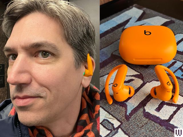 Left: Selfie of a person with short hair wearing Beats Powerbeats Pro 2 earbuds in orange. Right: curved, around-the-ear earbuds and an oval-shaped case.