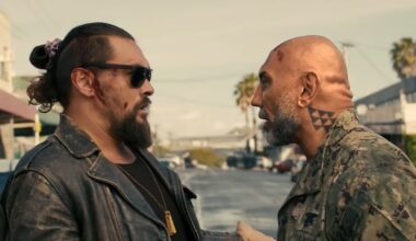 Dave Bautista and Jason Momoa arguing in character in The Wrecking Crew