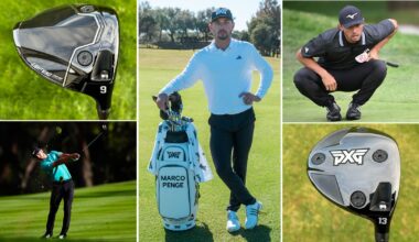 Marco Penge poses by a PXG bag, with two PXG clubs and two pictures of him hitting golf shots around it