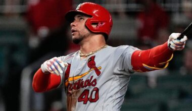 St. Louis Cardinals' Willson Contreras (40) watches his solo home run in the seventh inning of a baseball game against the Atlanta Braves Sept. 6, 2023, in Atlanta.