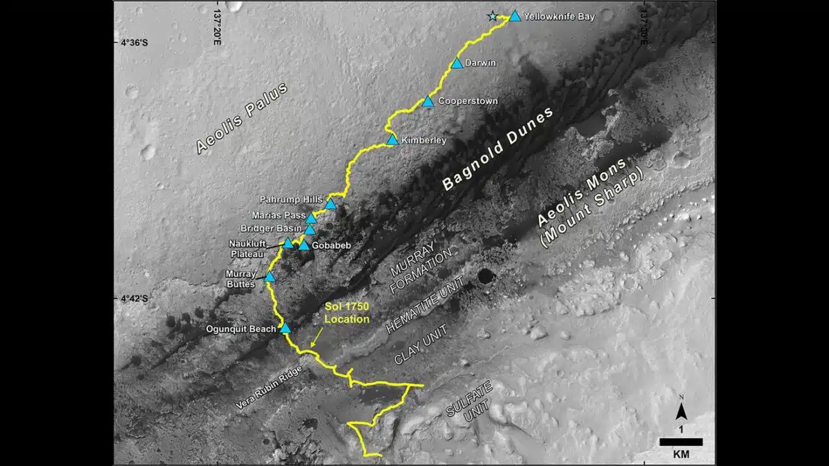 Curiosity’s Route Across Gale Crater Toward Mount Sharp, Shown In Yellow.