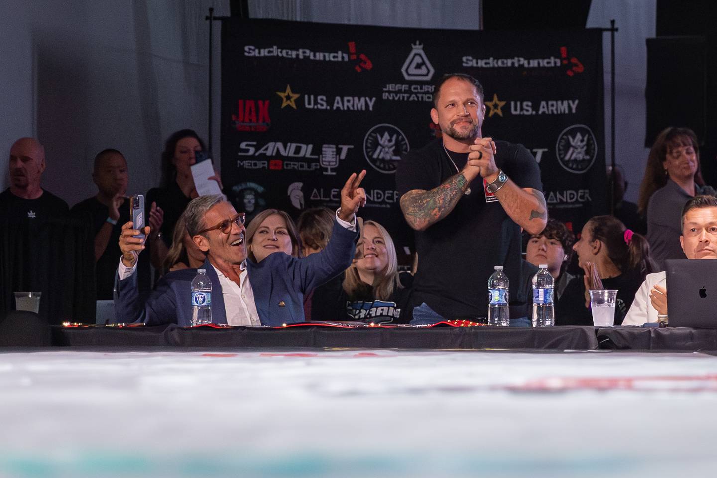 Brazilian martial artist Pedro Sauer, left, with Jeff Curran at the Jeff Curran Invitational on Sept. 6, 2025 at the MAC Sports Center in Crystal Lake.