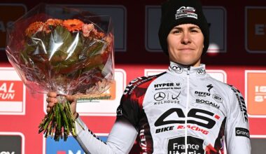 GAVERE, BELGIUM - DECEMBER 26: Celia Gery of France and Team AS Bike Racing / France Literie celebrates at podium as race winner during the 4th UCI Cyclo-cross World Cup Gavere 2025 - Women&amp;apos;s U23 on December 26, 2025 in Gavere, Belgium. (Photo by Luc Claessen/Getty Images)