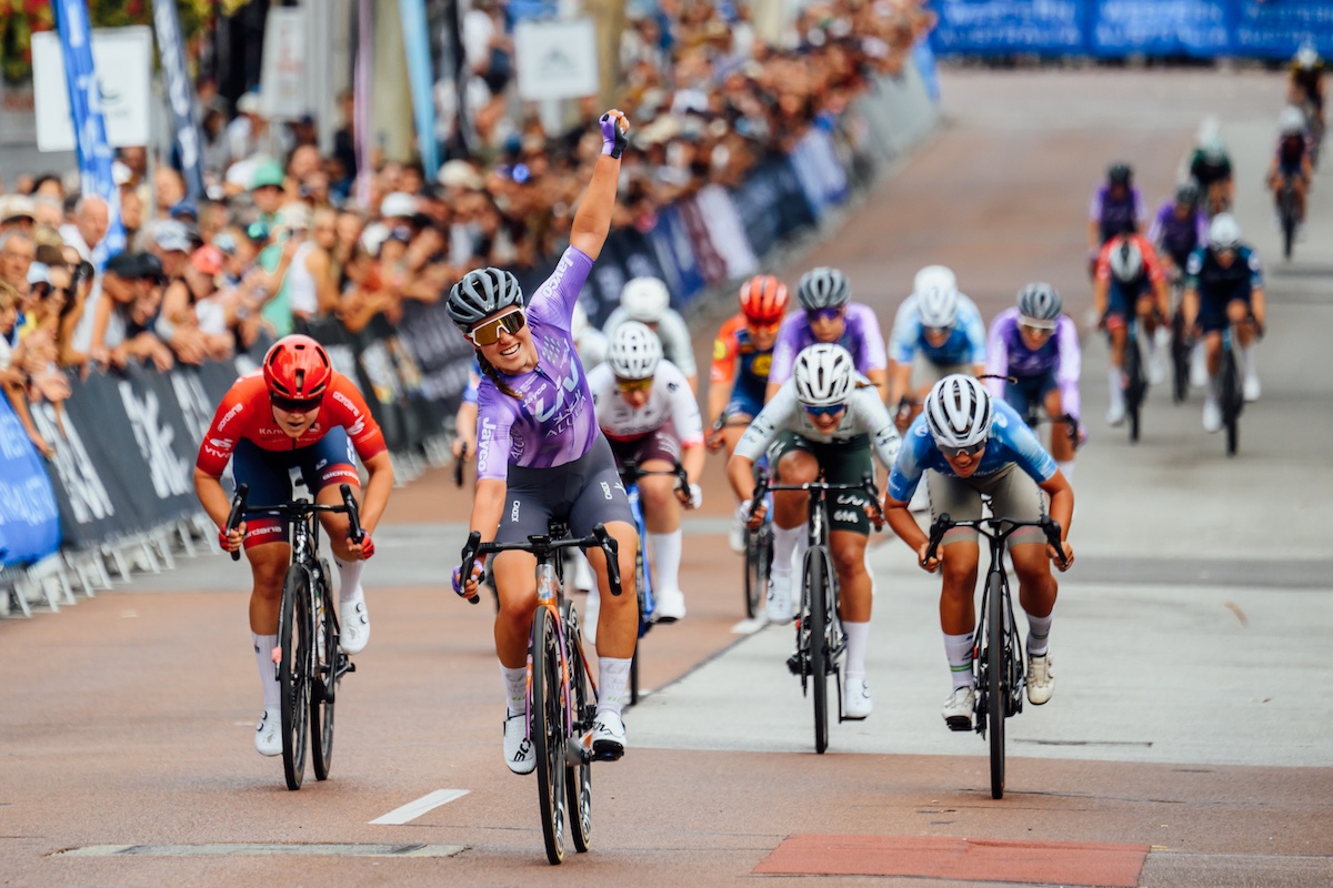 Lucinda Stewart (Liv AlUla Jayco Continental) clinches the U23 women's criterium title at the Westbridge Funds Road National Championships