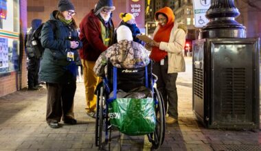 From left, Beckie Tachick, a nurse with Boston Health Care for the Homeless, Jim Greene, assistant director for Boston's street homelessness initiatives, and two volunteers conducted a welfare check with an unhoused individual in Boston on Jan. 30, 2025.