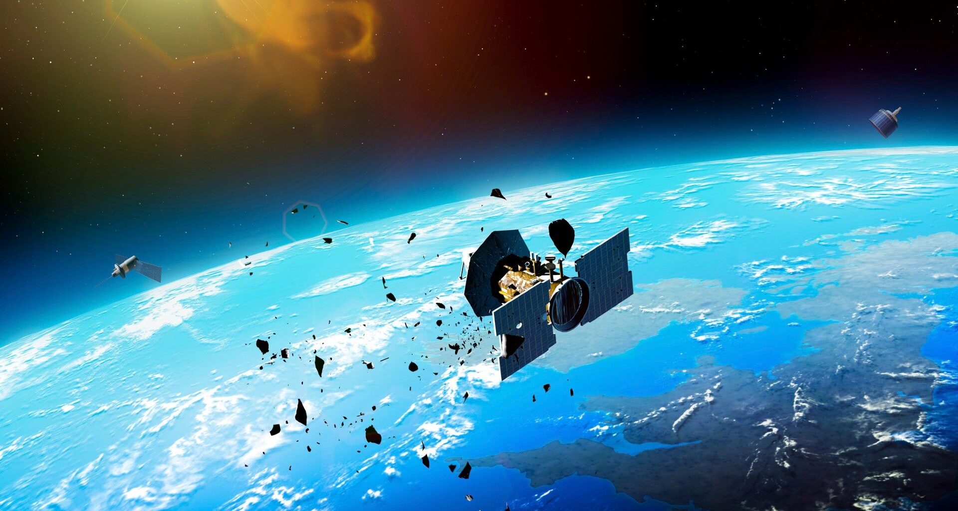 an illustration of a cylindrical satellite breaking apart into multiple pieces above earth
