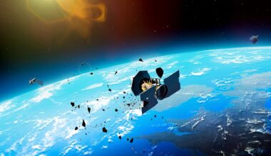 an illustration of a cylindrical satellite breaking apart into multiple pieces above earth