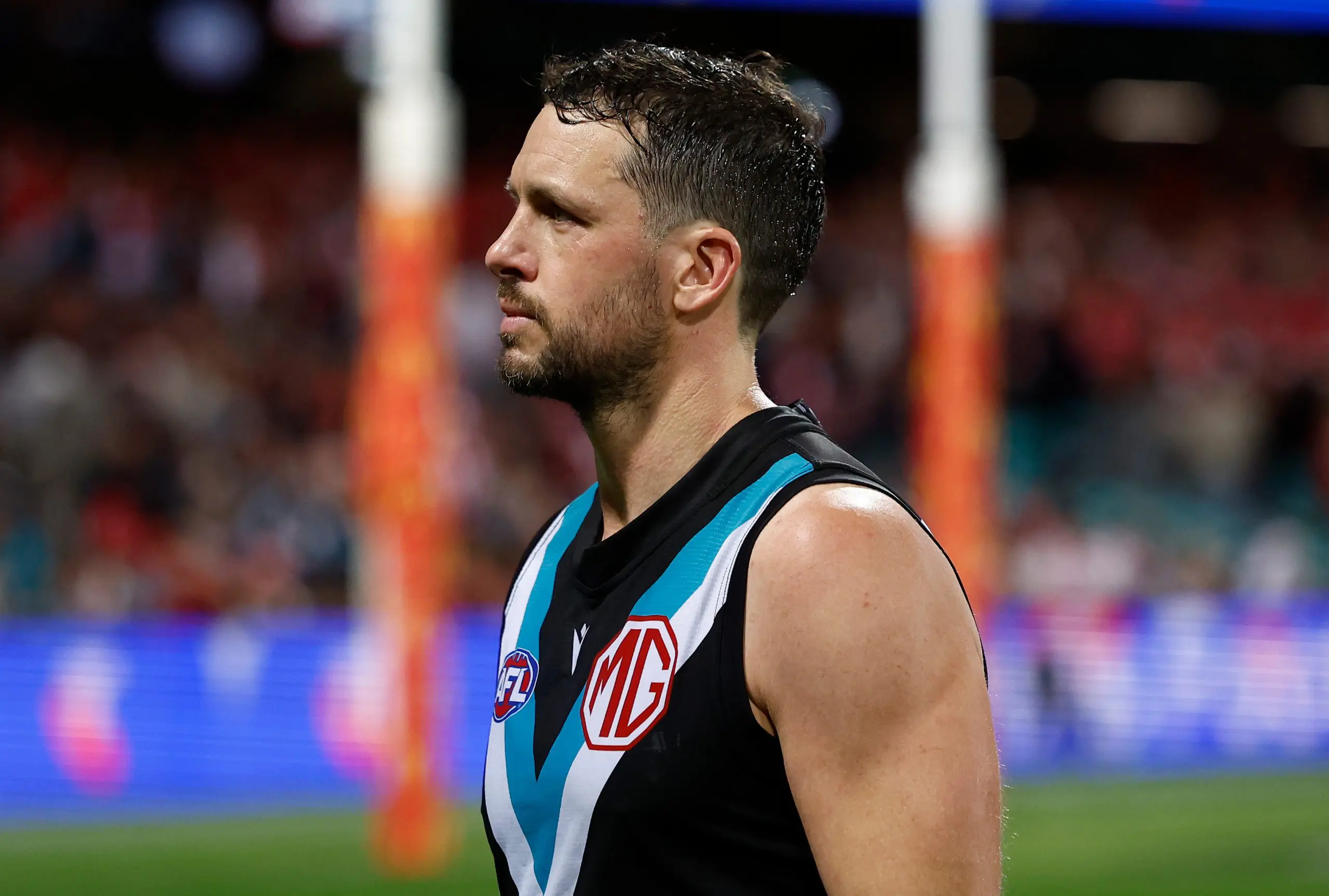 SYDNEY, AUSTRALIA - SEPTEMBER 20: Travis Boak of the Power looks dejected after a loss during the 2024 AFL First Preliminary Final match between the Sydney Swans and the Port Adelaide Power at The Sydney Cricket Ground on September 20, 2024 in Sydney, Australia. (Photo by Michael Willson/AFL Photos via Getty Images)
