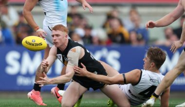 MELBOURNE, AUSTRALIA - SEPTEMBER 22: Jack Riding of the Tigers handpasses the ball during the 2024 VFL Grand Final match between Werribee and the Southport Sharks at IKON Park on September 22, 2024 in Melbourne, Australia. (Photo by Rob Lawson/AFL Photos via Getty Images)