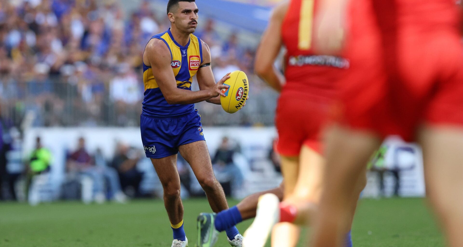 PERTH, AUSTRALIA - MARCH 16: Tom Cole of the Eagles in action during the 2025 AFL Round 01 match between the West Coast Eagles and the Gold Coast Suns at Optus Stadium on March 16, 2025 in Perth, Australia. (Photo by Janelle St Pierre/AFL Photos via Getty Images)