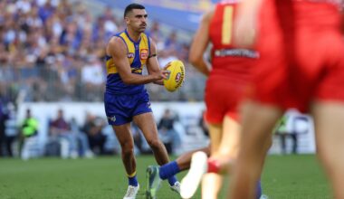 PERTH, AUSTRALIA - MARCH 16: Tom Cole of the Eagles in action during the 2025 AFL Round 01 match between the West Coast Eagles and the Gold Coast Suns at Optus Stadium on March 16, 2025 in Perth, Australia. (Photo by Janelle St Pierre/AFL Photos via Getty Images)