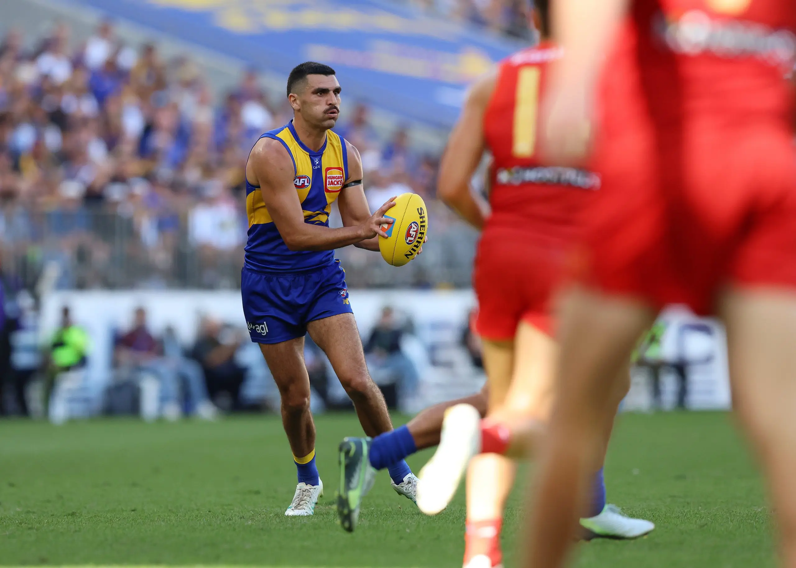 PERTH, AUSTRALIA - MARCH 16: Tom Cole of the Eagles in action during the 2025 AFL Round 01 match between the West Coast Eagles and the Gold Coast Suns at Optus Stadium on March 16, 2025 in Perth, Australia. (Photo by Janelle St Pierre/AFL Photos via Getty Images)