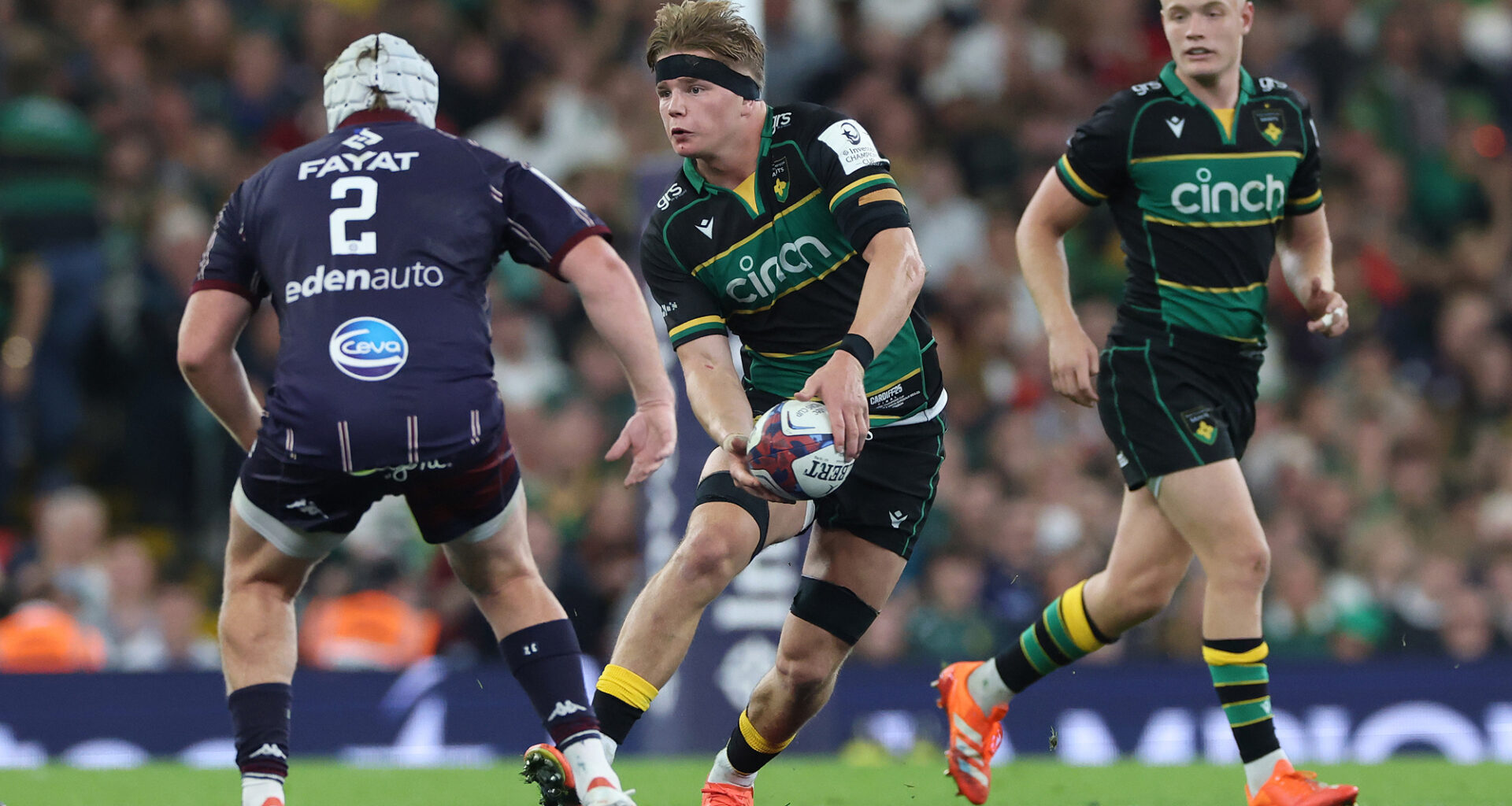 Northampton Saints’ Henry Pollock prepares to offload during the 2025 European Champions Cup final against Bordeaux-Bègles.