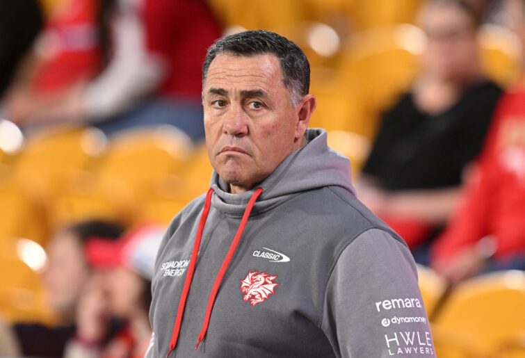 BRISBANE, AUSTRALIA - JUNE 06: Coach Shane Flanagan of the Dragons is seen during the warm up before the round 14 NRL match between Dolphins and St George Illawarra Dragons at Suncorp Stadium, on June 06, 2025, in Brisbane, Australia. (Photo by Bradley Kanaris/Getty Images)