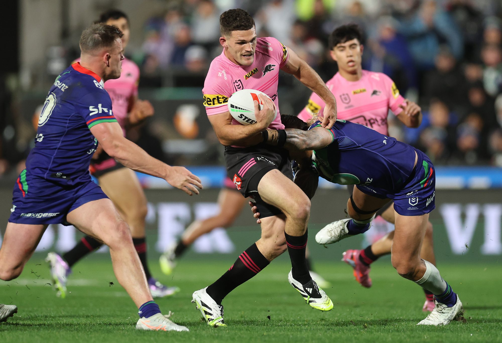 AUCKLAND, NEW ZEALAND - SEPTEMBER 13: Nathan Cleary of the Panthers is tackled during the NRL Elimination Final match between the New Zealand Warriors and Penrith Panthers at Go Media Stadium on September 13, 2025, in Auckland, New Zealand. (Photo by Phil Walter/Getty Images)