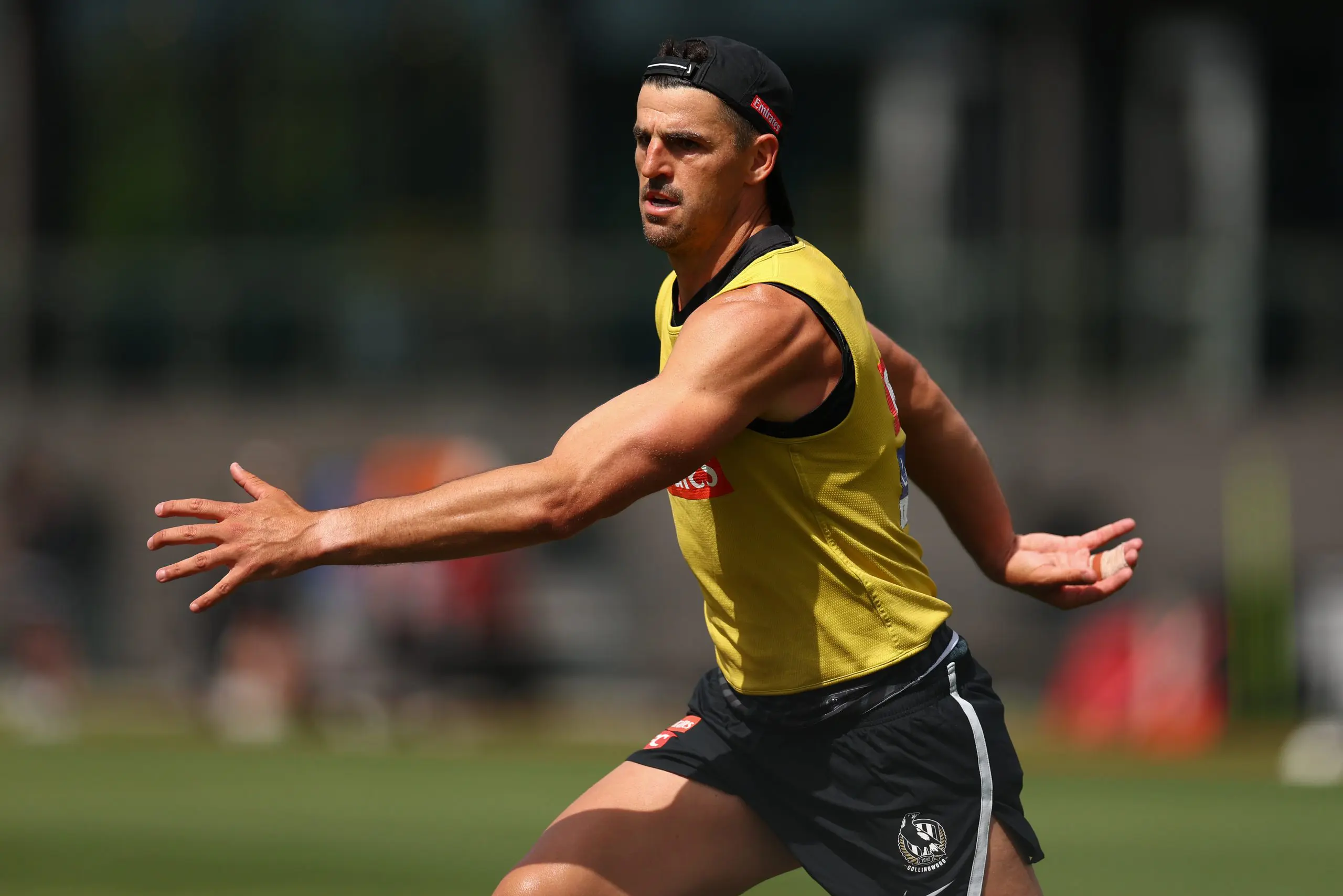MELBOURNE, AUSTRALIA - DECEMBER 01: Scott Pendlebury of the Magpies competes during a Collingwood Magpies training session at Olympic Park on December 01, 2025 in Melbourne, Australia. (Photo by Daniel Pockett/Getty Images)