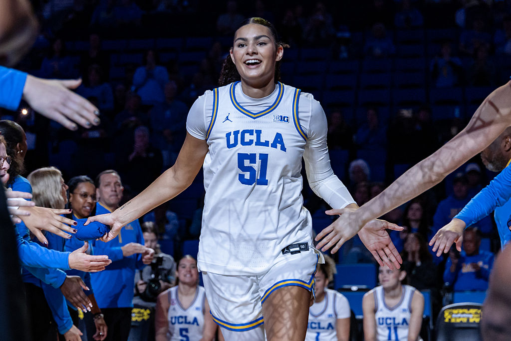Center Lauren Betts #51 of the UCLA Bruins is introduced in the starting lineups before a game against the Oregon Ducks at Pauley Pavilion on December 7, 2025 in Los Angeles, California.