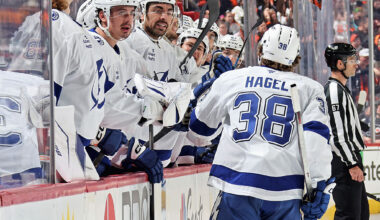 PHILADELPHIA, PENNSYLVANIA - JANUARY 12: Brandon Hagel #38 of the Tampa Bay Lightning celebrates his second period power-play goal against the Philadelphia Flyers with his teammates on the bench at the Xfinity Mobile Arena on January 12, 2026 in Philadelphia, Pennsylvania. (Photo by Len Redkoles/NHLI via Getty Images)