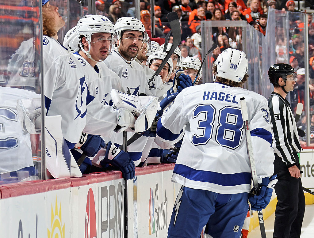 PHILADELPHIA, PENNSYLVANIA - JANUARY 12: Brandon Hagel #38 of the Tampa Bay Lightning celebrates his second period power-play goal against the Philadelphia Flyers with his teammates on the bench at the Xfinity Mobile Arena on January 12, 2026 in Philadelphia, Pennsylvania. (Photo by Len Redkoles/NHLI via Getty Images)