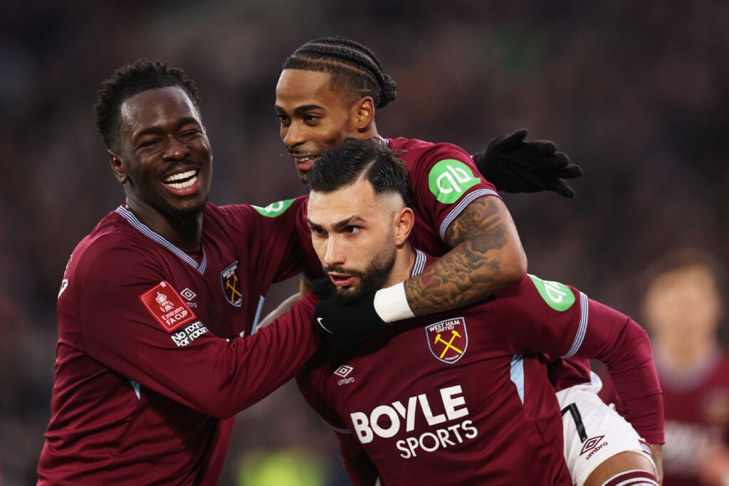 Crysencio Summerville celebrates after scoring for West Ham against QPR.