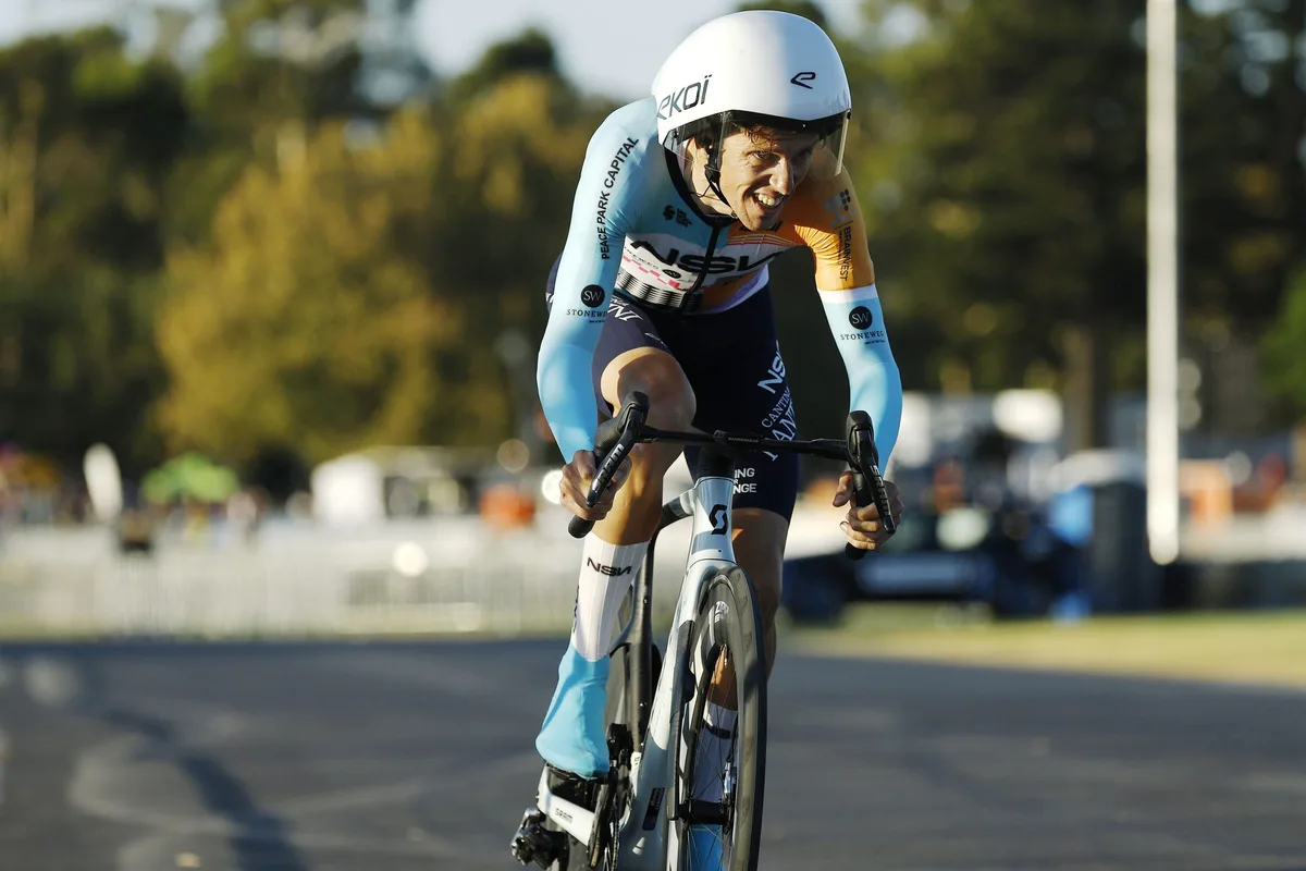 ADELAIDE, AUSTRALIA - JANUARY 20: George Bennett of New Zealand and NSN Cycling Team competes during the 26th Santos Tour Down Under 2026 - Prologue a 3.6km individual time trial stage from Adelaide to Adelaide / #UCIWT / on January 20, 2026 in Adelaide, Australia. (Photo by Con Chronis/Getty Images)