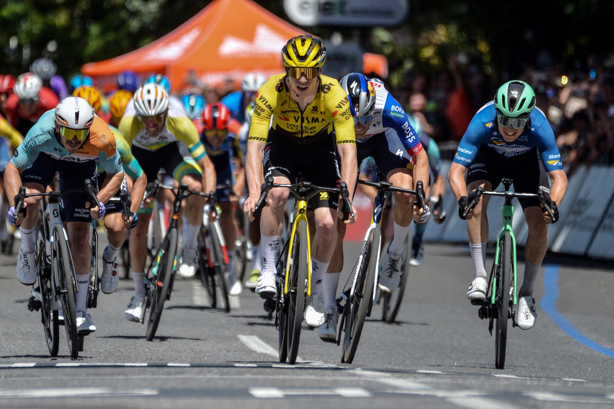 Team Visma Lease a Bike rider Matthew Brennan from England wins stage five of the Tour Down Under UCI Men's Cycling in Adelaide on January 25, 2026. (Photo: Brenton Edwards / AFP via Getty Images)