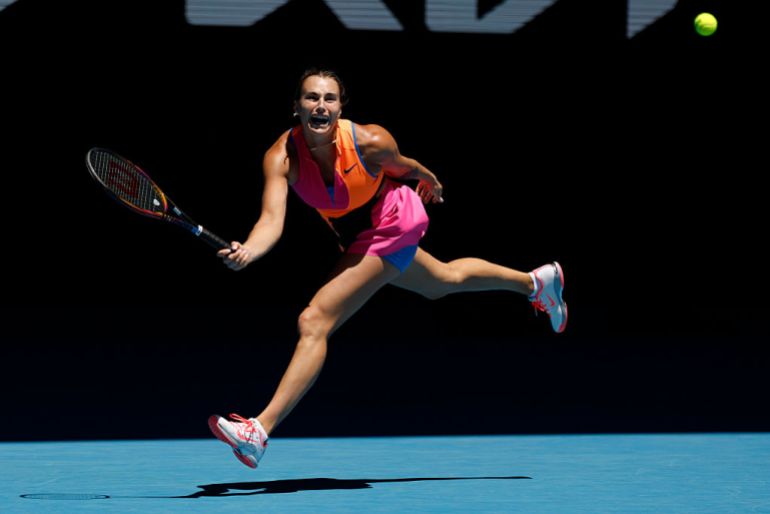 Aryna Sabalenka plays a forehand against Anastasia Potapova of Austria in the Women's Singles Third Round during day six of the 2026 Australian Open at Melbourne Park