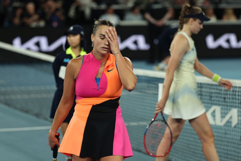 Aryna Sabalenka reacts in the Women's Singles Final against Elena Rybakina of Kazakhstan during day 14 of the 2026 Australian Open at Melbourne Park
