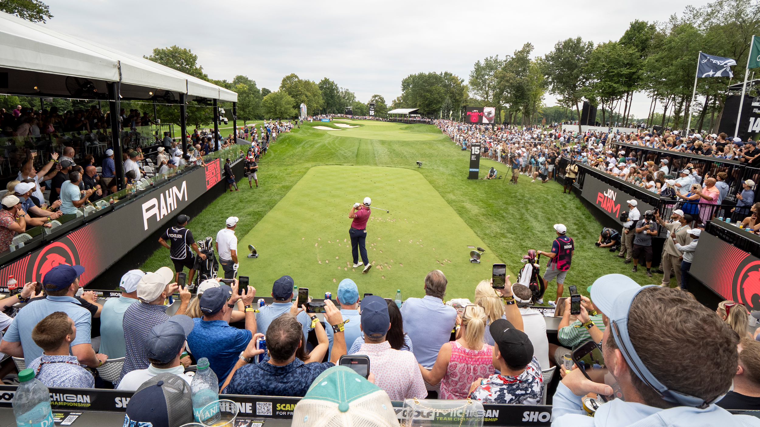 Jon Rahm hits a tee shot during the LIV Golf Team Championship in 2025