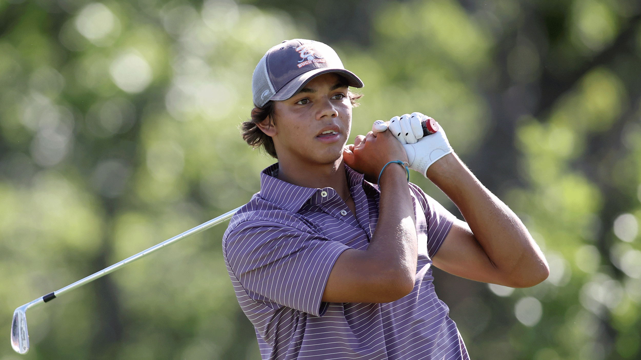 Charlie Woods hits a shot during the 2025 US Junior Amateur