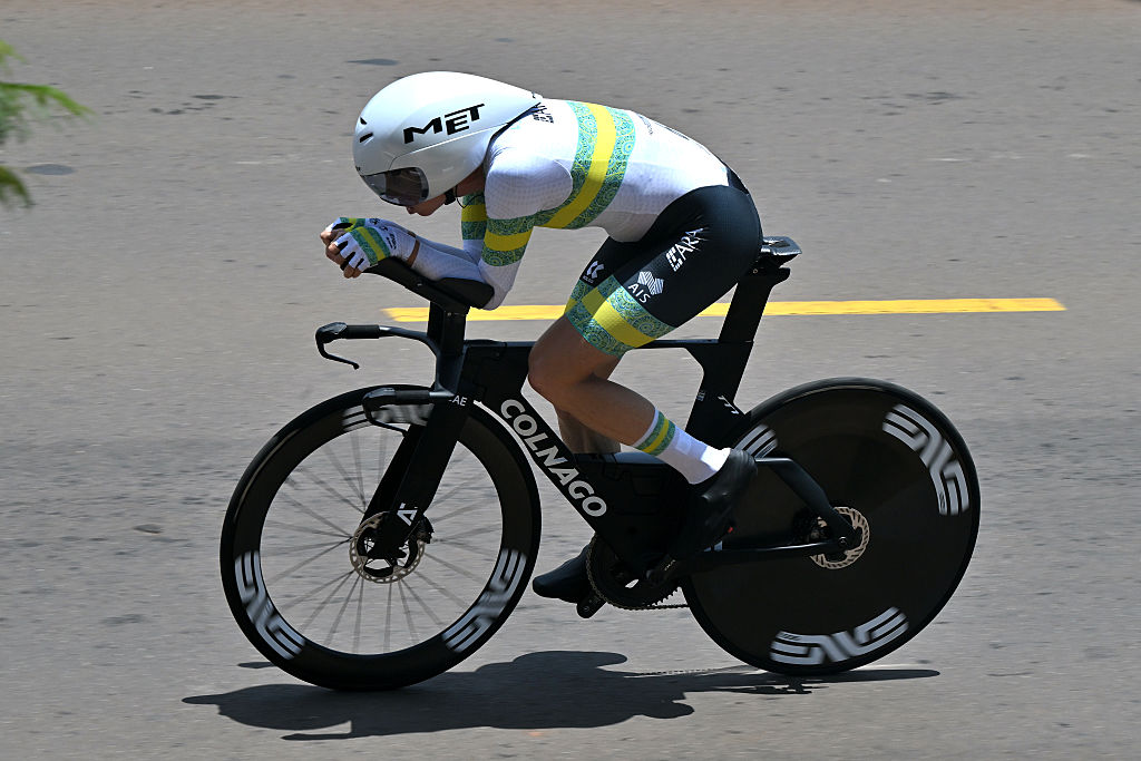 KIGALI, RWANDA - SEPTEMBER 21: Brodie Chapman of Team Australia competes during the 98th UCI Cycling World Championships Kigali 2025 - Women Elite Individual Time Trial a 31.2km race from Kigali to Kigali on September 21, 2025 in Kigali, Rwanda. (Photo by Dario Belingheri/Getty Images)
