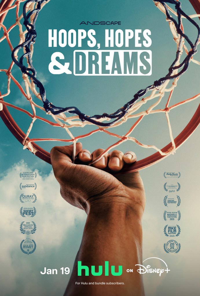 Hoops, Hopes & Dreams key art includes an arm holding a basketball net