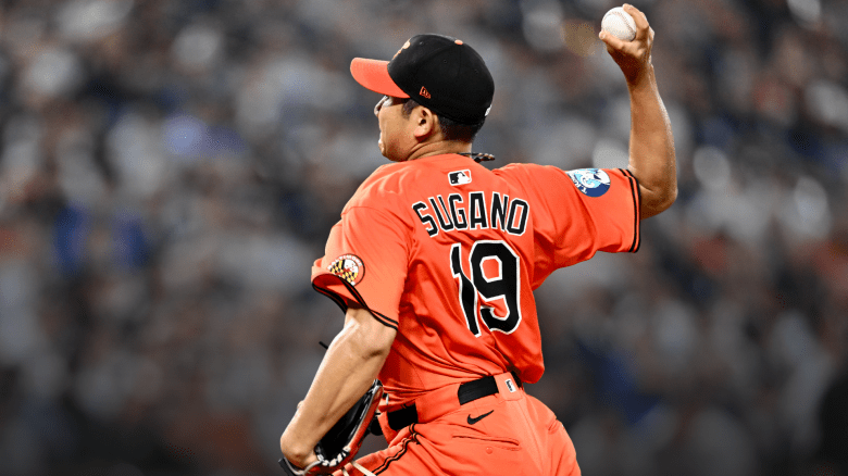 Tomoyuki Sugano pitches for the Baltimore Orioles during the 2025 MLB season.